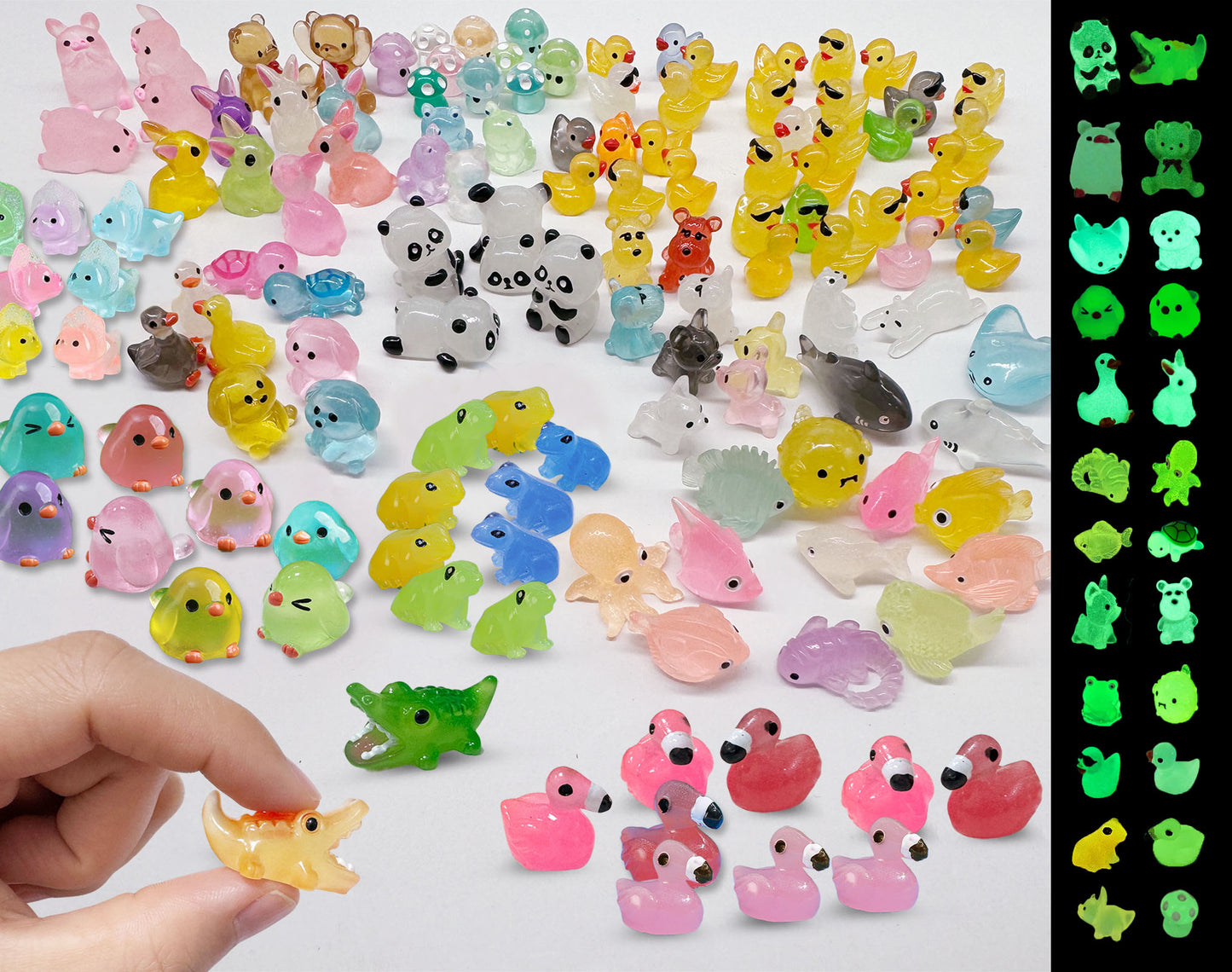 SparkleFab Tiny Resin Animals to Hide 130 Pcs Mini Resin Animals Bulk Mini Ducks Tiny Frogs Pandas Small Rabbits Glow in The Dark For Miniature Garden Accessories Micro Landscape Aquarium Potted Decoration