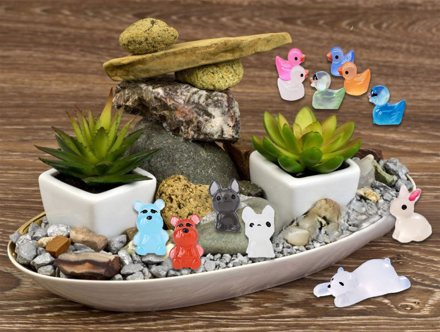 SparkleFab Tiny Resin Animals to Hide 130 Pcs Mini Resin Animals Bulk Mini Ducks Tiny Frogs Pandas Small Rabbits Glow in The Dark For Miniature Garden Accessories Micro Landscape Aquarium Potted Decoration