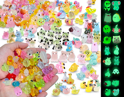 SparkleFab Mini Resin Animals Variety Pack 200 Pcs Luminous Tiny Animals Bulk Glow in The Dark Fairy Garden Miniatures with Tiny Ducks to Hide Around The Home