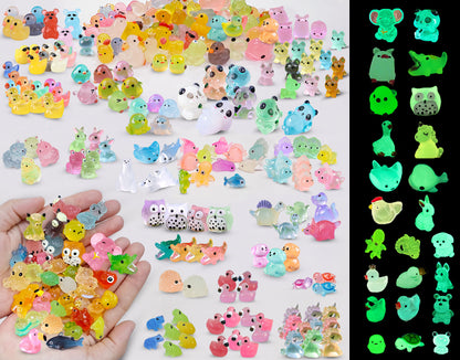 SparkleFab Luminous Mini Resin Animals 250Pcs Tiny Animals Bulk Glow in The Dark Mini Ducks Owls Frogs Pandas Rabbits Mushrooms for Miniature Garden Micro Landscape Aquarium Potted Decoration