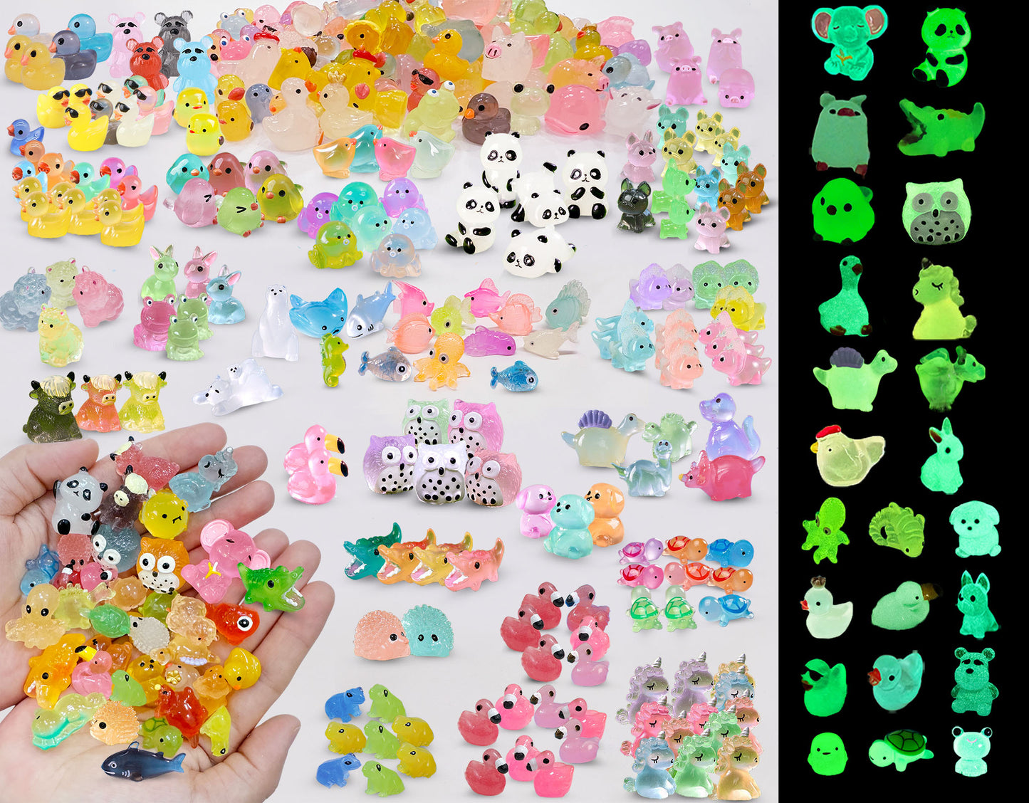 SparkleFab Luminous Tiny Resin Animals 300 Pcs Mini Animals Bulk Mini Resin Ducks Owls Tiny Frogs Pandas Small Rabbits Glow in The Dark for Miniature Garden Accessories Micro Landscape Aquarium Potted Decoration