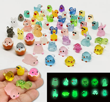 SparkleFab Luminous Mini Resin Animals 50 Pcs Tiny Animals to Hide Around The Office Home Mini Ducks Tiny Frogs Small Birds Glow in The Dark for Crafts Fairy Garden Accessories