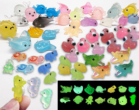 SparkleFab Luminous Mini Resin Ocean Animals 50Pcs Tiny Animals Tiny Turtle Octopus Seahorse Crocodile Dolphin Shark Frog Glow in The Dark for Garden Miniatures Accessories Landscape Aquarium Potted Decoration