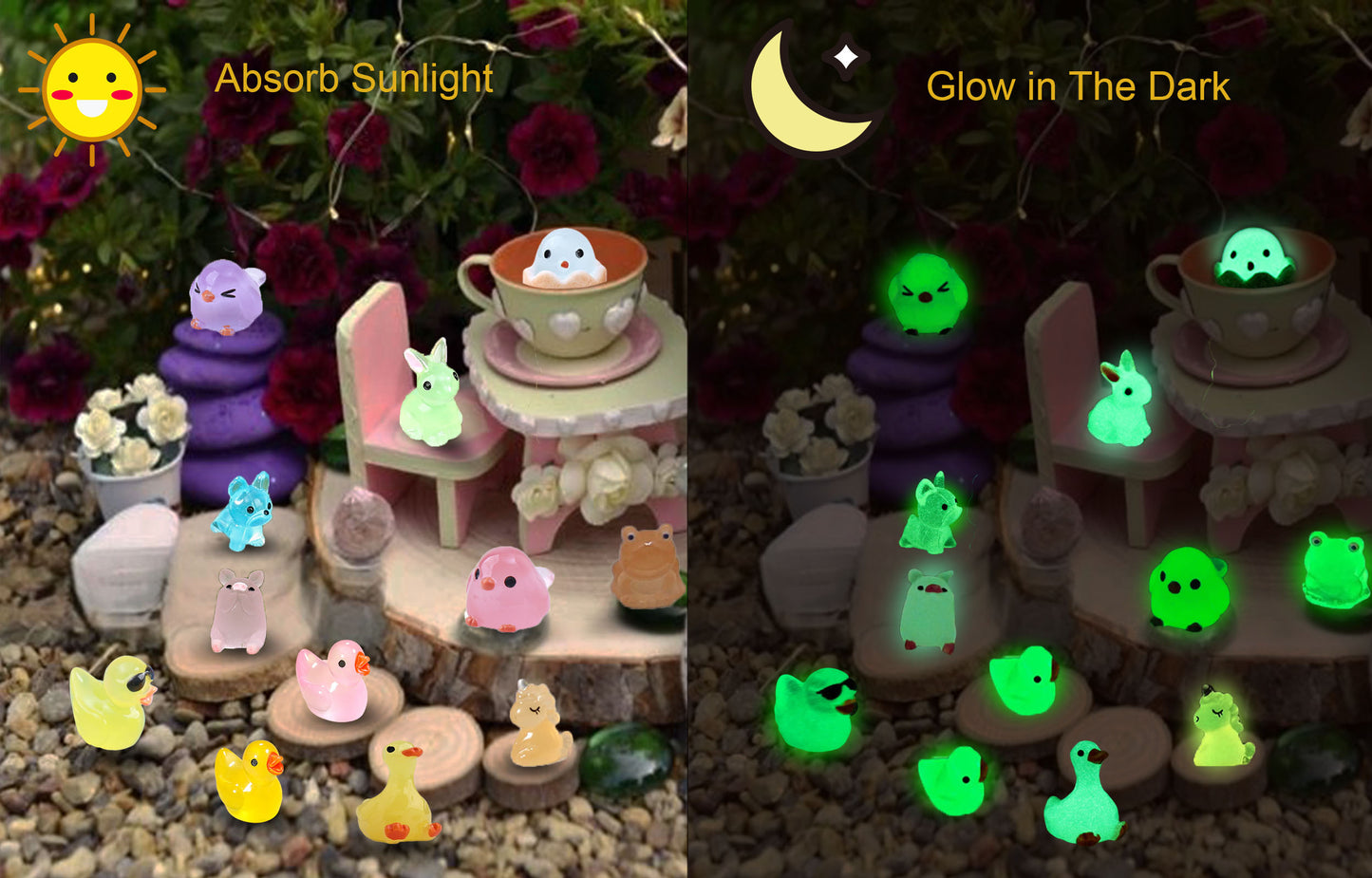 SparkleFab Luminous Mini Resin Animals 50 Pcs Tiny Animals to Hide Around The Office Home Mini Ducks Tiny Frogs Small Birds Little Rabbits Glow in The Dark for Crafts Fairy Garden Accessories