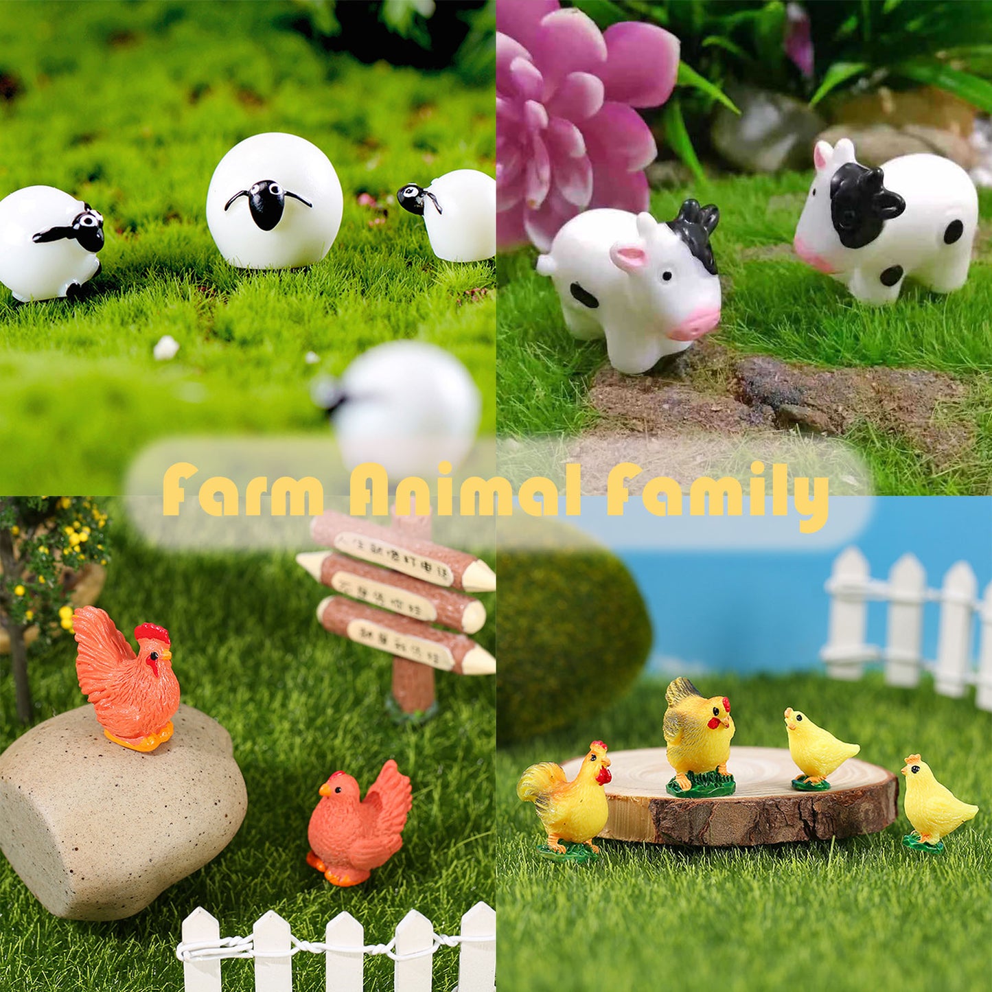 SparkleFab 50Pcs Mini Resin Farm Animal Figurines for DIY Miniature Garden Decor Micro Fairy Garden Landscape Accessories Includes Chicken Duck Cow Sheep Dog Cat Pig Horse