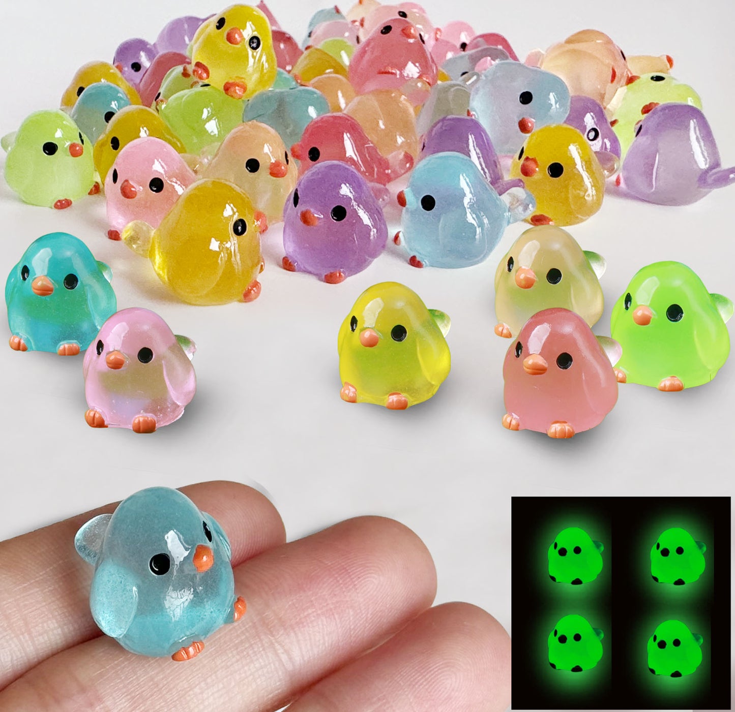 SparkleFab Mini Resin Animals 54 Pcs Tiny Resin Birds to Hide Glow in The Dark for Miniature Fairy Garden Accessories Micro Landscape