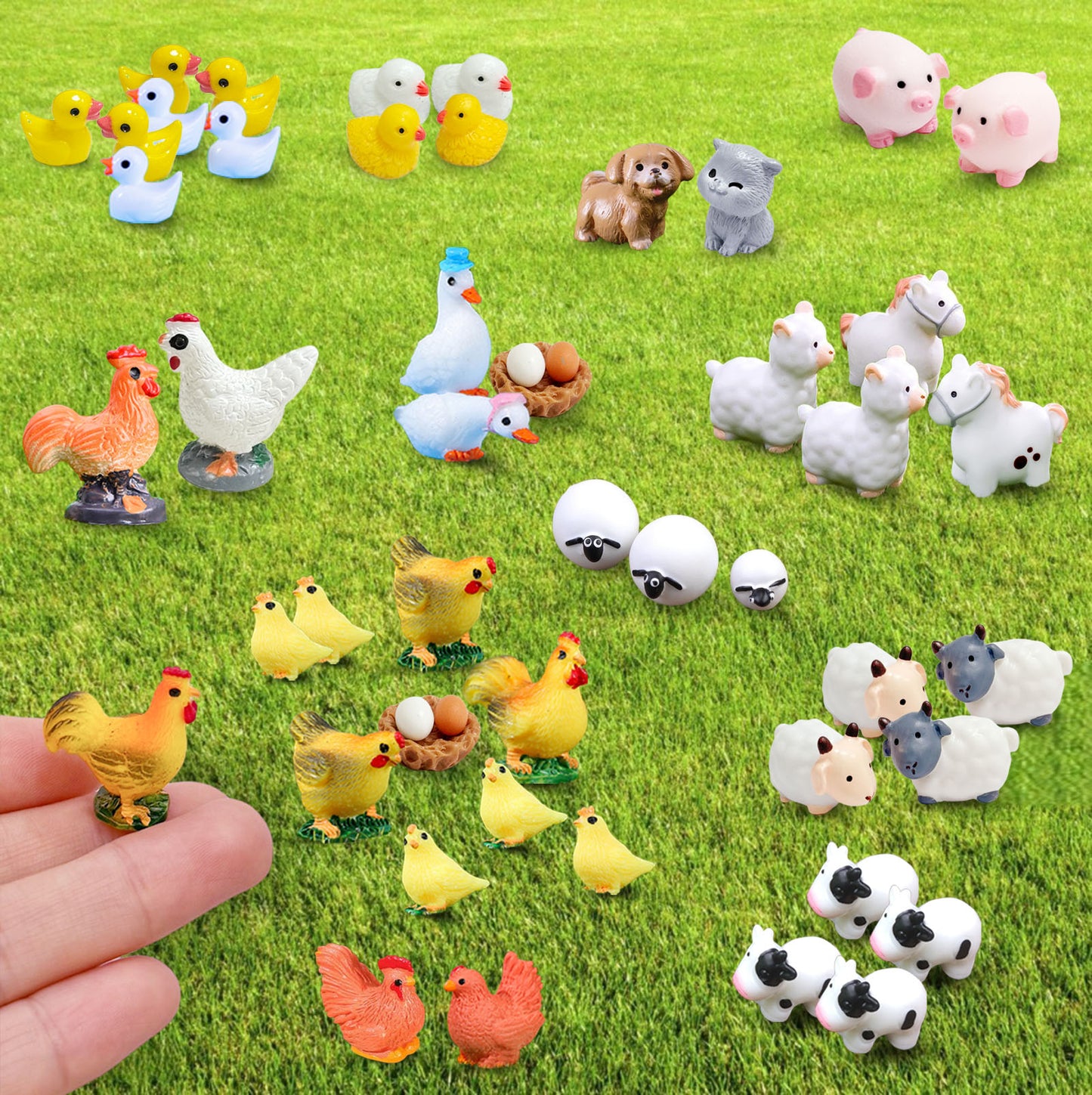 SparkleFab 50Pcs Mini Resin Farm Animal Figurines for DIY Miniature Garden Decor Micro Fairy Garden Landscape Accessories Includes Chicken Duck Cow Sheep Dog Cat Pig Horse