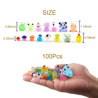 SparkleFab Luminous Mini Resin Animals 100 Pcs Tiny Animals Mini Ducks Owls Tiny Frogs Pandas Dinosaurs Small Birds Elephants Little Rabbits Glow in The Dark Garden Miniatures Fairy Garden Accessories