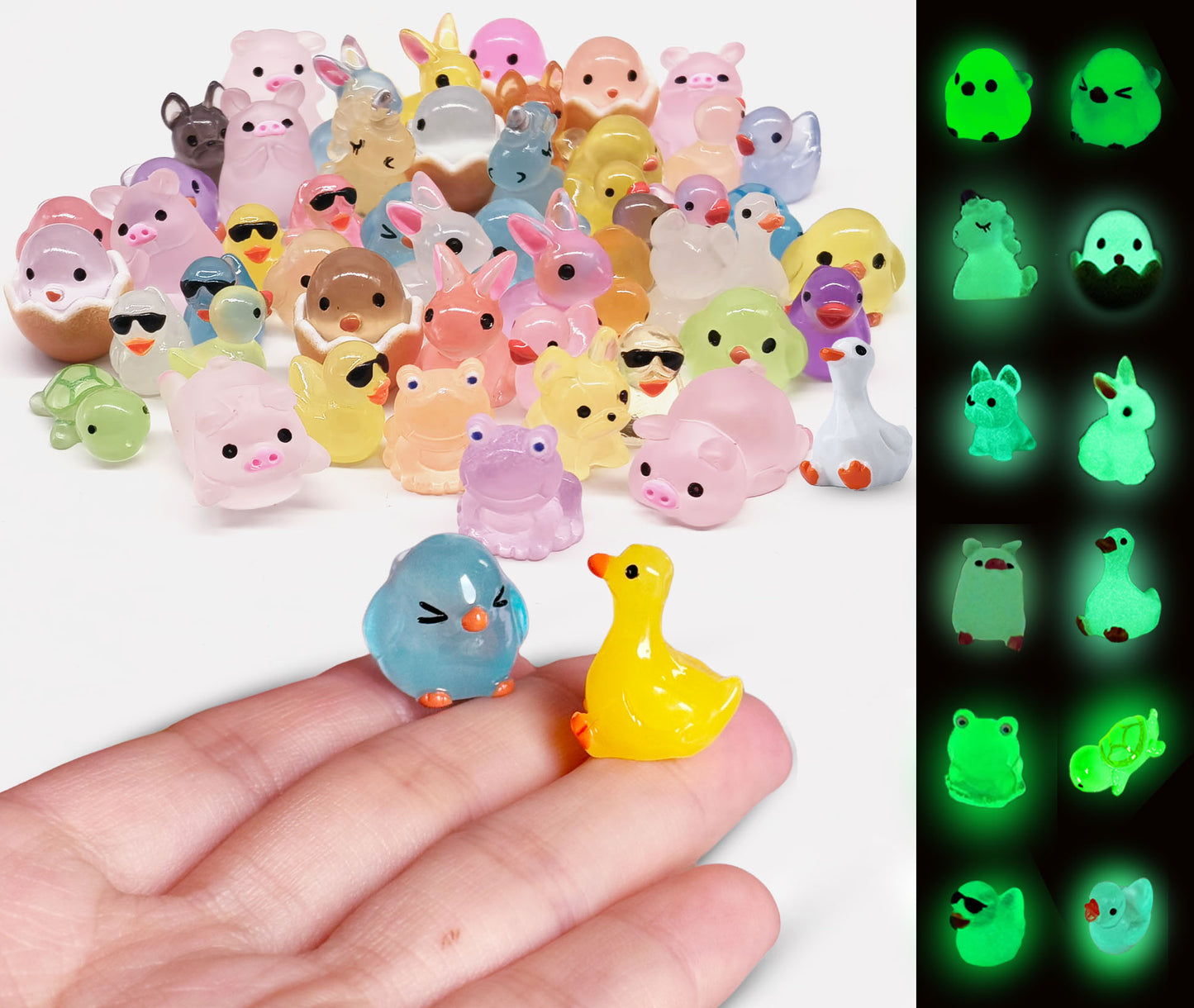 SparkleFab Luminous Mini Resin Animals 50 Pcs Tiny Animals to Hide Around The Office Home Mini Ducks Tiny Frogs Small Birds Little Rabbits Glow in The Dark for Crafts Fairy Garden Accessories