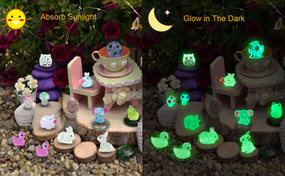 SparkleFab Luminous Mini Resin Animals 100 Pcs Tiny Animals Mini Ducks Owls Tiny Frogs Pandas Dinosaurs Small Birds Elephants Little Rabbits Glow in The Dark Garden Miniatures Fairy Garden Accessories